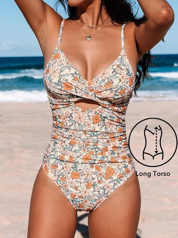 CUPSHE Women's One Piece Swimsuit Tummy Control V Neck Bathing Suit Twist Front Cutout Back Hook Ruched for Tall Women in Saudi Arabia