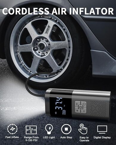 منفاخ إطارات تيمولا، ضاغط هواء محمول، مضخة هواء لإطارات السيارات 150 رطل لكل بوصة ضاغط هواء لاسلكي محمول مع مقياس الضغط، مضخة إطارات 12 فولت تيار مستمر للسيارة والدراجات النارية وإكسسوارات السيارات in Kuwait
