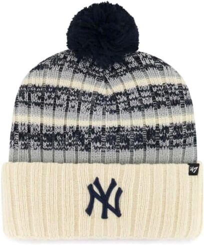 قبعة شتوية '47 New York Yankees Beanie للرجال والنساء من نسيج بوم محبوك، مقاس قابل للتمدد، كريمي/أبيض طبيعي، شعار أزرق داكن، مقاس واحد in Saudi Arabia