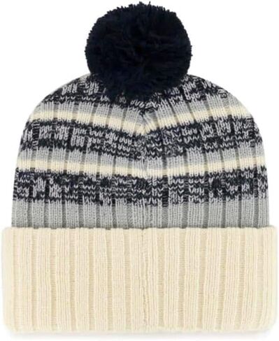 قبعة شتوية '47 New York Yankees Beanie للرجال والنساء من نسيج بوم محبوك، مقاس قابل للتمدد، كريمي/أبيض طبيعي، شعار أزرق داكن، مقاس واحد in Saudi Arabia