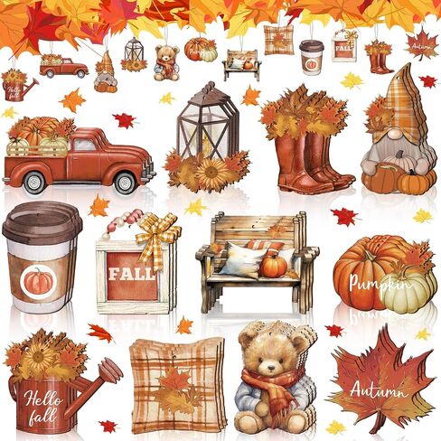Huwena 36 Pcs Thanksgiving Wood Ornaments for Tree Maple Leaves Truck Hanging Ornaments Wooden Pumpkin Gnome Hot Cocoa Wood Cutout Fall Decor for Holiday Party Favor in Saudi Arabia