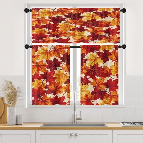 Fall Maple Leaves Kitchen Curtains Autumn Red Orange Yellow Gold Window Curtains Valance and Tier Set 36 Inch Rod Pocket Short Tier Curtain for Room, Cafe Kitchen Decor in Saudi Arabia