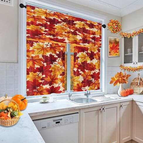 Fall Maple Leaves Kitchen Curtains Autumn Red Orange Yellow Gold Window Curtains Valance and Tier Set 36 Inch Rod Pocket Short Tier Curtain for Room, Cafe Kitchen Decor in Saudi Arabia