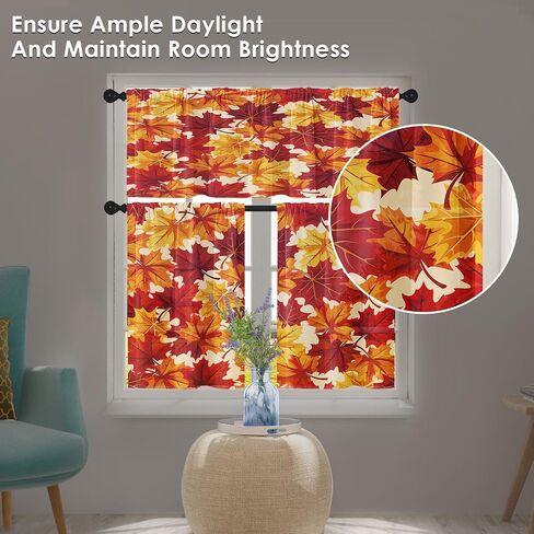 Fall Maple Leaves Kitchen Curtains Autumn Red Orange Yellow Gold Window Curtains Valance and Tier Set 36 Inch Rod Pocket Short Tier Curtain for Room, Cafe Kitchen Decor in Saudi Arabia