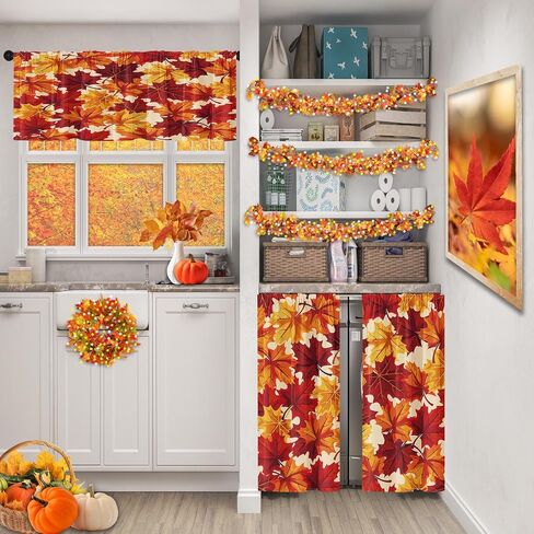 Fall Maple Leaves Kitchen Curtains Autumn Red Orange Yellow Gold Window Curtains Valance and Tier Set 36 Inch Rod Pocket Short Tier Curtain for Room, Cafe Kitchen Decor in Saudi Arabia