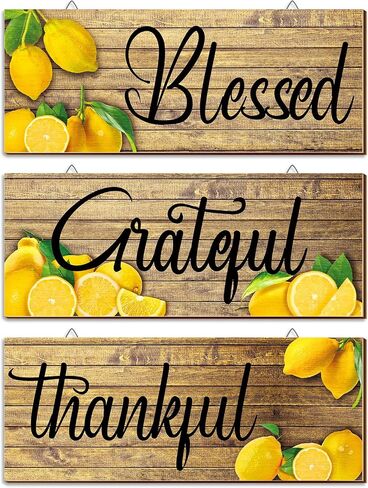 Amyhill 3 Pieces Lemon Wall Decor Grateful Thankful Blessed Wall Art Signs Lemon Decorations for Home Wall Signs for Front Door Farmhouse Wooden Signs for Wall Kitchen (Classic Colors) in Saudi Arabia