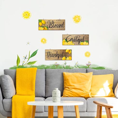 Amyhill 3 Pieces Lemon Wall Decor Grateful Thankful Blessed Wall Art Signs Lemon Decorations for Home Wall Signs for Front Door Farmhouse Wooden Signs for Wall Kitchen (Classic Colors) in Saudi Arabia