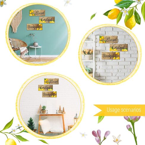 Amyhill 3 Pieces Lemon Wall Decor Grateful Thankful Blessed Wall Art Signs Lemon Decorations for Home Wall Signs for Front Door Farmhouse Wooden Signs for Wall Kitchen (Classic Colors) in Saudi Arabia