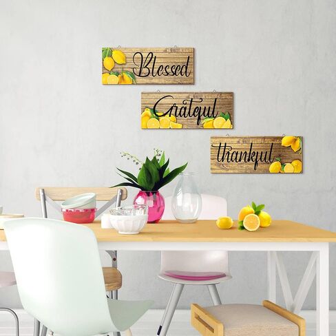 Amyhill 3 Pieces Lemon Wall Decor Grateful Thankful Blessed Wall Art Signs Lemon Decorations for Home Wall Signs for Front Door Farmhouse Wooden Signs for Wall Kitchen (Classic Colors) in Saudi Arabia