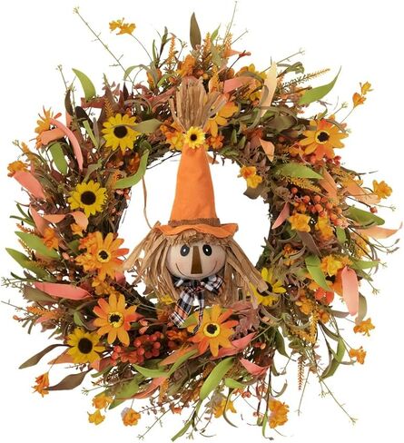 J'FLORU 22 "إكليل الخريف مع أكاليل الخريف الاصطناعية الفزاعة للباب الأمامي إكليل الخريف مع الإقحوانات البرتقالية والزهور البرية وأوراق الشجر الخريفية لمهرجان الحصاد والاحتفال بيوم الشكر in Kuwait
