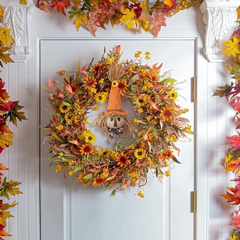 J'FLORU 22 "إكليل الخريف مع أكاليل الخريف الاصطناعية الفزاعة للباب الأمامي إكليل الخريف مع الإقحوانات البرتقالية والزهور البرية وأوراق الشجر الخريفية لمهرجان الحصاد والاحتفال بيوم الشكر in Kuwait