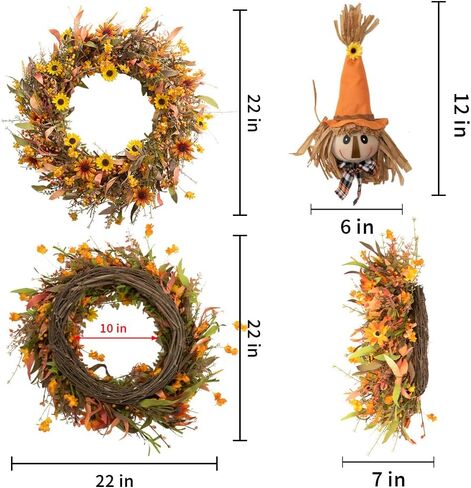 J'FLORU 22 "إكليل الخريف مع أكاليل الخريف الاصطناعية الفزاعة للباب الأمامي إكليل الخريف مع الإقحوانات البرتقالية والزهور البرية وأوراق الشجر الخريفية لمهرجان الحصاد والاحتفال بيوم الشكر in Kuwait