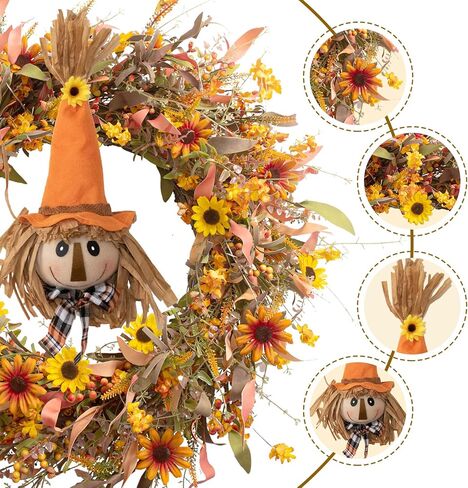 J'FLORU 22 "إكليل الخريف مع أكاليل الخريف الاصطناعية الفزاعة للباب الأمامي إكليل الخريف مع الإقحوانات البرتقالية والزهور البرية وأوراق الشجر الخريفية لمهرجان الحصاد والاحتفال بيوم الشكر in Kuwait