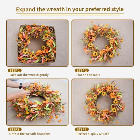J'FLORU 22 "إكليل الخريف مع أكاليل الخريف الاصطناعية الفزاعة للباب الأمامي إكليل الخريف مع الإقحوانات البرتقالية والزهور البرية وأوراق الشجر الخريفية لمهرجان الحصاد والاحتفال بيوم الشكر in Kuwait
