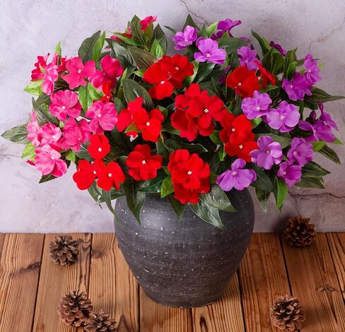 Artificial Fake Fall Flowers Plants Outdoor,3 PCS 7 Branches Artificial Impatiens Flowers for Outside,Faux Impatiens Bouquet Silk Greenery Plants for Balcony Garden Window Box Home Decor in Saudi Arabia
