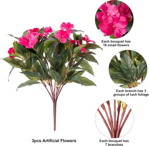 Artificial Fake Fall Flowers Plants Outdoor,3 PCS 7 Branches Artificial Impatiens Flowers for Outside,Faux Impatiens Bouquet Silk Greenery Plants for Balcony Garden Window Box Home Decor in Saudi Arabia