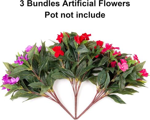 Artificial Fake Fall Flowers Plants Outdoor,3 PCS 7 Branches Artificial Impatiens Flowers for Outside,Faux Impatiens Bouquet Silk Greenery Plants for Balcony Garden Window Box Home Decor in Saudi Arabia