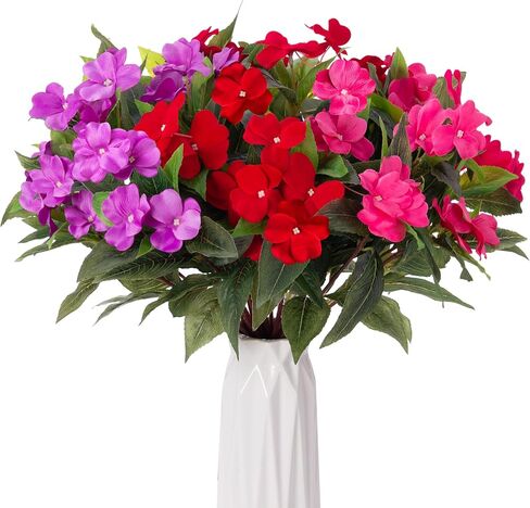 Artificial Fake Fall Flowers Plants Outdoor,3 PCS 7 Branches Artificial Impatiens Flowers for Outside,Faux Impatiens Bouquet Silk Greenery Plants for Balcony Garden Window Box Home Decor in Saudi Arabia