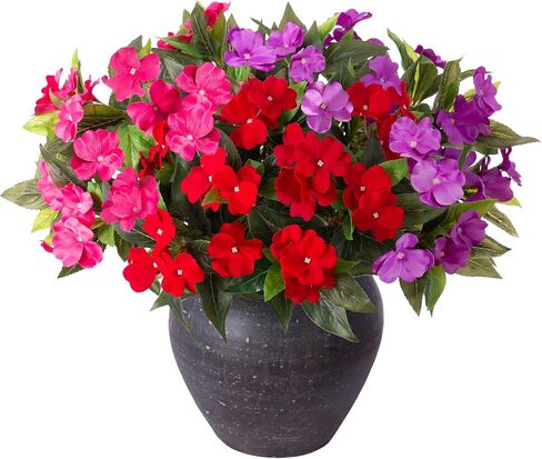 Artificial Fake Fall Flowers Plants Outdoor,3 PCS 7 Branches Artificial Impatiens Flowers for Outside,Faux Impatiens Bouquet Silk Greenery Plants for Balcony Garden Window Box Home Decor in Saudi Arabia