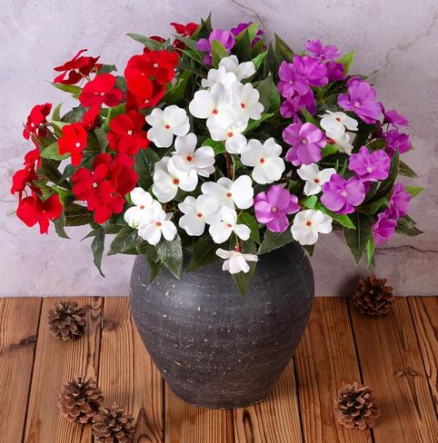 Artificial Fake Fall Flowers Plants Outdoor,3 PCS 7 Branches Artificial Impatiens Flowers for Outside,Faux Impatiens Bouquet Silk Greenery Plants for Balcony Garden Window Box Home Decor in Saudi Arabia