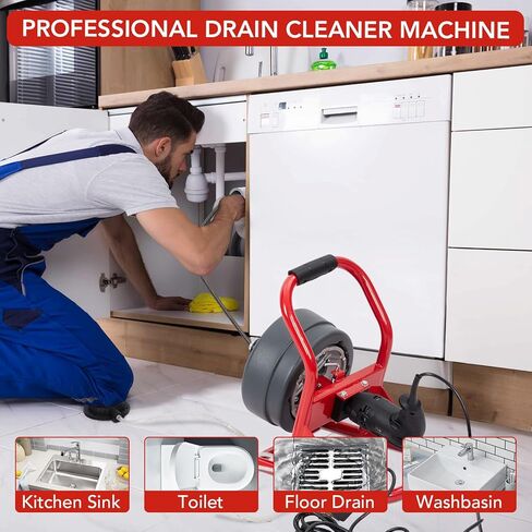 PIONEERWORKS 50Ft x 5/16 Inch Drain Cleaner Machine, Professional Electric Drain Auger for 3/4-3 Inch Pipes, Foot Switch with 6 Cutters, Gloves, Drain Auger Cleaner Sewer Snake - DA04 in Kuwait