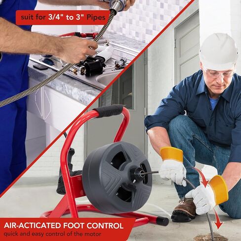 PIONEERWORKS 50Ft x 5/16 Inch Drain Cleaner Machine, Professional Electric Drain Auger for 3/4-3 Inch Pipes, Foot Switch with 6 Cutters, Gloves, Drain Auger Cleaner Sewer Snake - DA04 in Kuwait