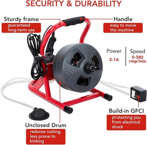 PIONEERWORKS 50Ft x 5/16 Inch Drain Cleaner Machine, Professional Electric Drain Auger for 3/4-3 Inch Pipes, Foot Switch with 6 Cutters, Gloves, Drain Auger Cleaner Sewer Snake - DA04 in Kuwait