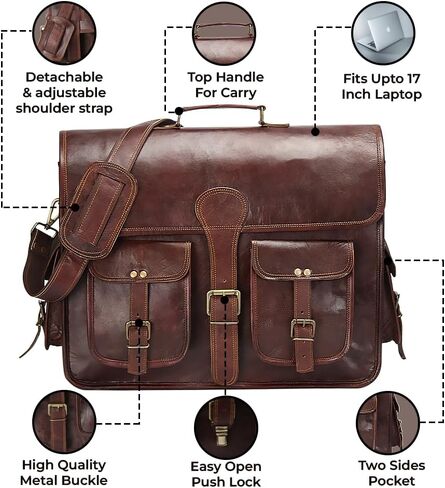 HULSH 18 Inches Leather laptop bag for men and women| Tan Brown Genuine leather briefcase bag for men Vintage Look Handmade leather messenger bag for men 17 inch Laptop fits Perfectly Unique & Classy in Kuwait
