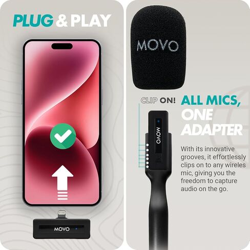 ميكروفون Movo Wireless Mini UC Ultra Compact Wireless Lavalier لهاتف iPhone 15 مع محول محمول WMX-HM - ميكروفون ذو طية صدر السترة مع حامل بمقبض لمنشئي المحتوى والمقابلات وإعداد التقارير والمزيد in Kuwait