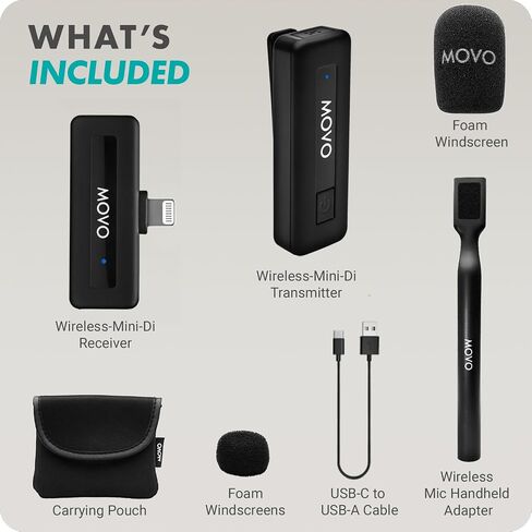 ميكروفون Movo Wireless Mini UC Ultra Compact Wireless Lavalier لهاتف iPhone 15 مع محول محمول WMX-HM - ميكروفون ذو طية صدر السترة مع حامل بمقبض لمنشئي المحتوى والمقابلات وإعداد التقارير والمزيد in Kuwait