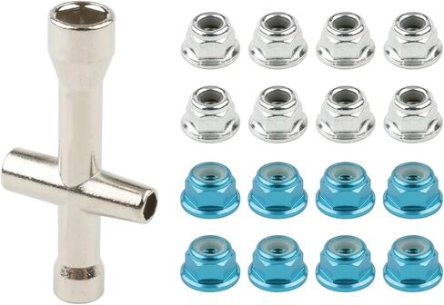 16pcs M4 Lock Nuts for 1/10 RC Car Wheel, 4mm Anodized Aluminum Alloy and Steel Flange Serrated Nylon Insert Locking Nuts with Wrench Set, Light Blue & Silver in Saudi Arabia