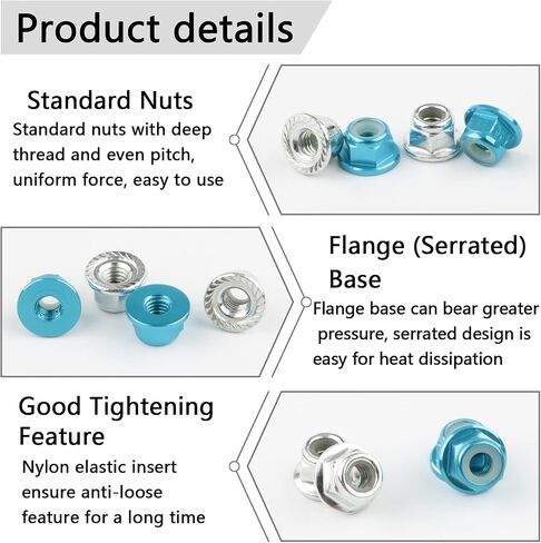 16pcs M4 Lock Nuts for 1/10 RC Car Wheel, 4mm Anodized Aluminum Alloy and Steel Flange Serrated Nylon Insert Locking Nuts with Wrench Set, Light Blue & Silver in Saudi Arabia