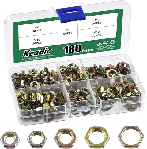 Keadic 180Pcs 5 Sizes Yellow Zinc-Plated Hex Female Locknut Assortment Set, M6x1mmx3mm, M7x0.77mmx3mm, M8x1mmx3mm, M10x1mmx3mm, M12x1mmx3mm Lock Nuts for Plumbing in Saudi Arabia