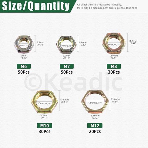 Keadic 180Pcs 5 Sizes Yellow Zinc-Plated Hex Female Locknut Assortment Set, M6x1mmx3mm, M7x0.77mmx3mm, M8x1mmx3mm, M10x1mmx3mm, M12x1mmx3mm Lock Nuts for Plumbing in Saudi Arabia