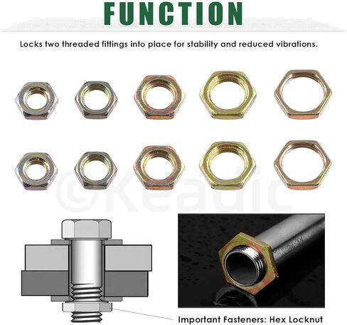 Keadic 180Pcs 5 Sizes Yellow Zinc-Plated Hex Female Locknut Assortment Set, M6x1mmx3mm, M7x0.77mmx3mm, M8x1mmx3mm, M10x1mmx3mm, M12x1mmx3mm Lock Nuts for Plumbing in Saudi Arabia