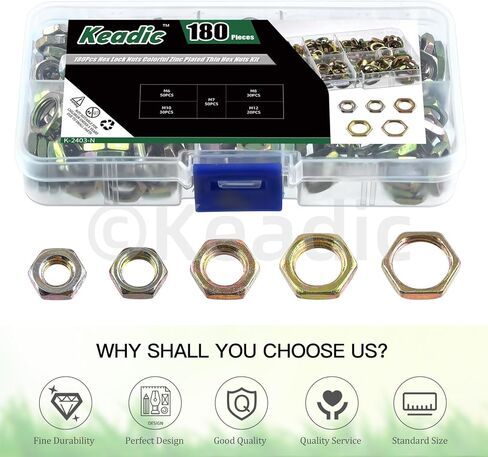 Keadic 180Pcs 5 Sizes Yellow Zinc-Plated Hex Female Locknut Assortment Set, M6x1mmx3mm, M7x0.77mmx3mm, M8x1mmx3mm, M10x1mmx3mm, M12x1mmx3mm Lock Nuts for Plumbing in Saudi Arabia