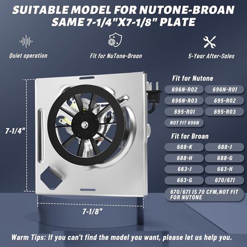Upgrade 696N-R02 B Unit 50CFM Bathroom Fan Motor Fit for Nutone-Broan 688-K 688-J 688-H 688-G 663-J 663-H 663-G 696N-R01 696N-R03 695-R02 695-R01, S97012026 Fan Motor 2.0 Sones 5-Year After-Sales in Kuwait