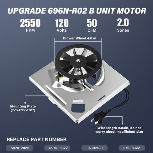 Upgrade 696N-R02 B Unit 50CFM Bathroom Fan Motor Fit for Nutone-Broan 688-K 688-J 688-H 688-G 663-J 663-H 663-G 696N-R01 696N-R03 695-R02 695-R01, S97012026 Fan Motor 2.0 Sones 5-Year After-Sales in Kuwait