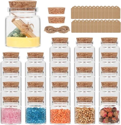 برطمانات زجاجية صغيرة سعة 50 مل بأغطية من الفلين، 24 عبوة من الزجاجات الصغيرة مع سدادات وعلامات من الفلين والخيوط الإضافية، برطمان رمل صغير، برطمان صدف، قوارير زجاجية بأغطية، برطمان حبوب منع الحمل، برطمان تعويذة in Kuwait