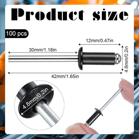 Molain 100 Pcs Black Pop Rivets, 1/8" x 1/4" Blind Rivets, Large Aluminum Blind Rivets Dome Head Pop Rivets for Installing Accessories, Black Metal Rivets, Aluminum Grip and Steel Mandrel in Saudi Arabia