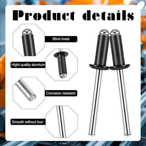 Molain 100 Pcs Black Pop Rivets, 1/8" x 1/4" Blind Rivets, Large Aluminum Blind Rivets Dome Head Pop Rivets for Installing Accessories, Black Metal Rivets, Aluminum Grip and Steel Mandrel in Saudi Arabia
