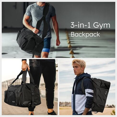 Gym Bag with Shoes Compartment and Wet Pocket Convertible Duffle Bag and Gym Backpack Waterproof Sports Bag with 2 Bottle Holders Multipurpose Weekender Overnight Backpack for Men - Black in Kuwait