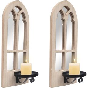 Farmhouse Mirror Candle Sconces Set of Two，Wall Mounted Candle Holder，Arched Floating Mirror Sconces for Living Room, Bedroom, Kitchen, Bathroom, 14.75" Tall