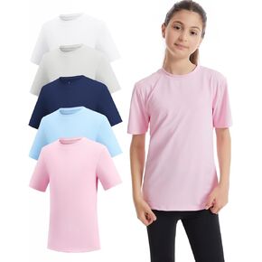 5 Packs Girls Athletic Shirts Short Sleeve Active T-Shirts Dry Fit, Sports Workout Shirts for Kids Teens