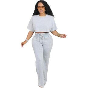 Fastkoala Women's Two Piece Lounge Outfits Casual Sweatsuits Short Sleeve Waist Tie Crop Top Pants Sets Tracksuits Streetwear