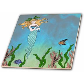 3dRose ct_112836_3 Cute Pretty Mermaid Hugging Baby Seal-Underwater Mythical Vintage Art at Sea-Ocean Marine Theme-Ceramic Tile, 8-Inch
