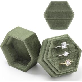 WantGor Velvet Ring Box, 2-in-1 Jewelry Ring Gift Box 3 Slots Hexagon Ring Storage Box or Double Ring Box Vintage Ring Display Holder Case for Wedding Ceremony Proposal Engagement (Olive Green)