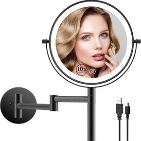 8" Wall Mounted Makeup Mirror with Handle, 3 Color Lights Dimmable and 1X/10X Magnification, Rechargeable Bathroom Wall Mount Magnifying Mirror with Extension Arm Height Adjustable Black