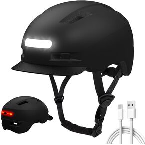 Bike Helmet, Shinmax Adult Cycling Helmet with USB Rechargeable LED Front and Back Light Bicycle Helmets for Men Women Removable Visor Ebike Helmet for Mountain, Road, Biking (Black, Large)