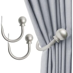 Curtain Hooks for Drapes, 2 Pack Cutain Holders Wall Mounted, Curtain Hooks for Drapes with Screws, Decorative Drapery Holdbacks for Bedroom Livingroom Office, Silver